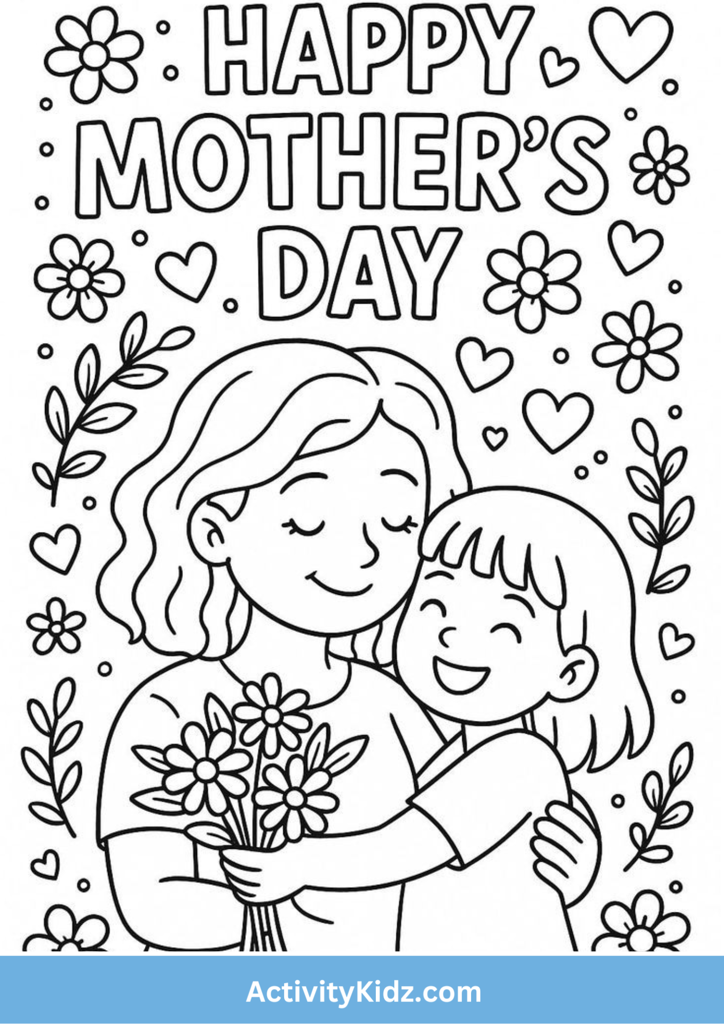 Mother's Day Hug & Flowers Coloring Sheet