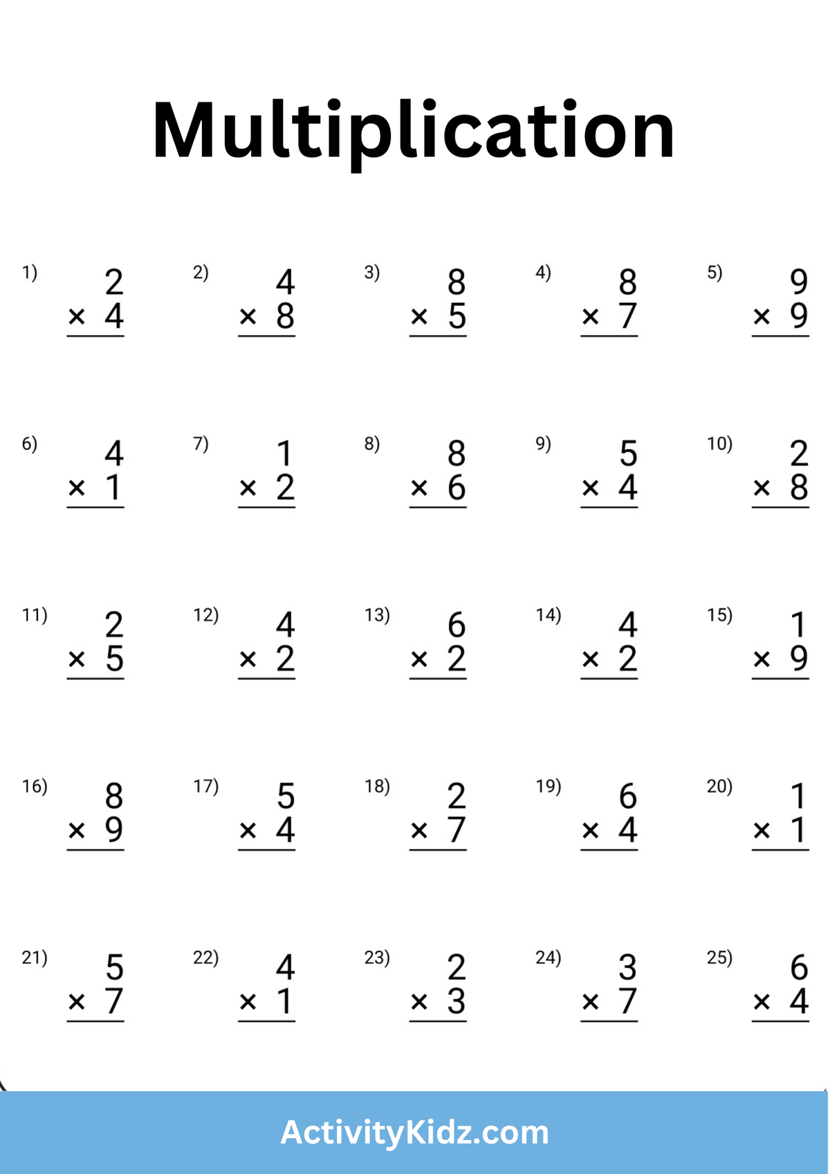 Basic Number Problems Using Multiplication Basic Multiplication Practice Worksheet – ActivityKidz