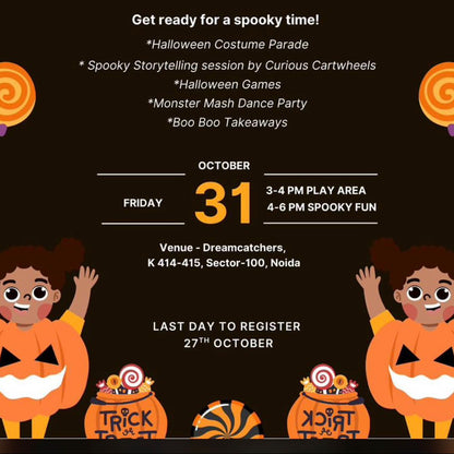 Halloween event flyer for Curious Carthews and Dreamcatchers with children in costumes and Halloween-themed decorations.