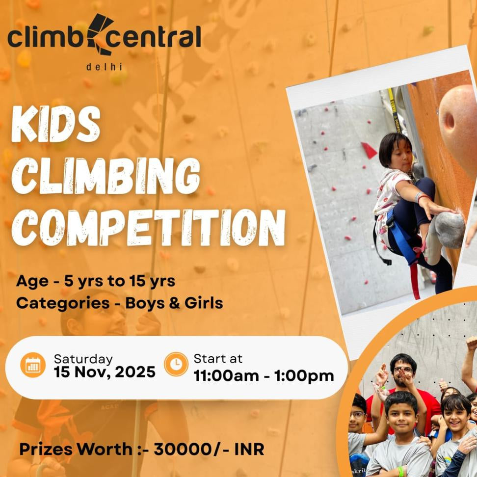 Advertisement for a kids climbing competition at Climb Central Delhi with images of children climbing and a group photo.