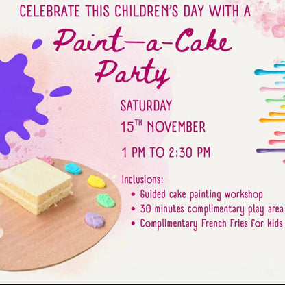 Advertisement for a 'Paint-a-Cake Party' with cake on a palette and colorful text on a pink background