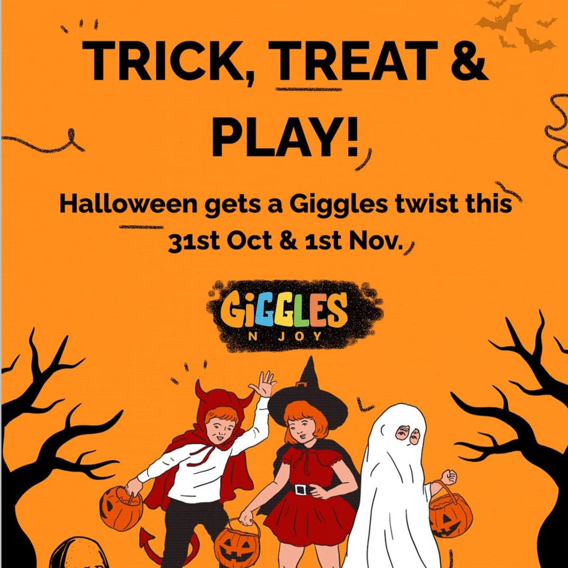 Halloween-themed promotional poster with children in costumes and text about a 'Giggles' event.