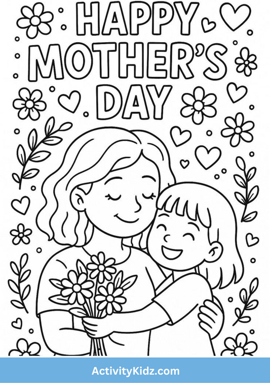 Mother's Day Hug & Flowers Coloring Sheet