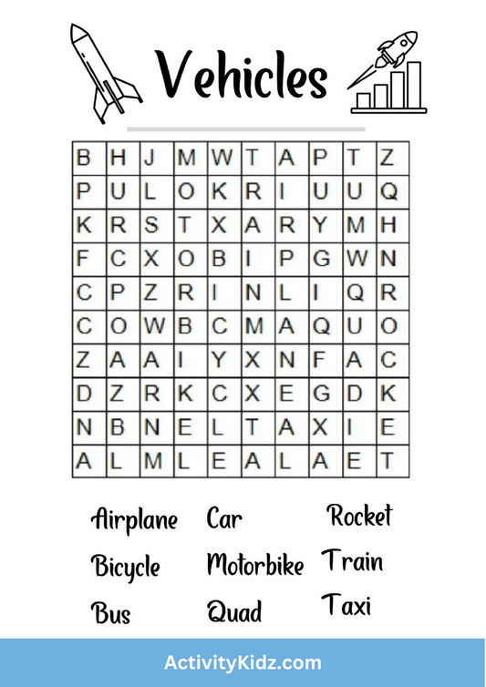 Transport-Themed Word Search - ActivityKidz