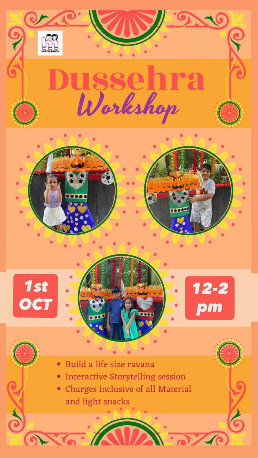 Promotional poster for a Dussehra Workshop with event details on an orange background.