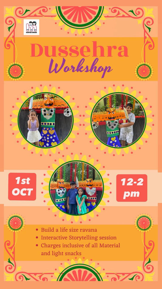 Promotional poster for a Dussehra Workshop with event details on an orange background.